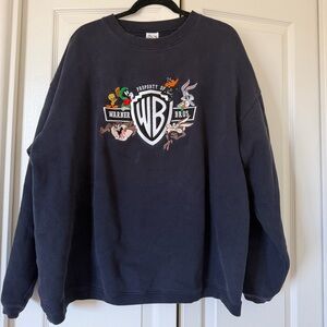 Authentic Warner Bros. Navy Crewneck Sweatshirt with WB Shield and Looney Tunes